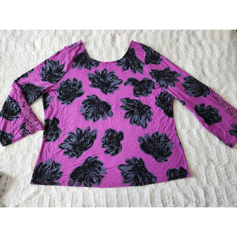 Lane Bryant Long Sleeve‎ Purple Black Floral Pattern Shirt Womens Plus 26/28